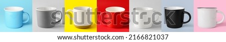 Set of blank cups on colorful background. Mockup for design