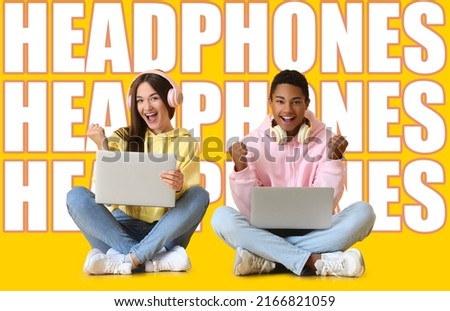 Stylish teenagers using laptops on yellow background with words HEADPHONES