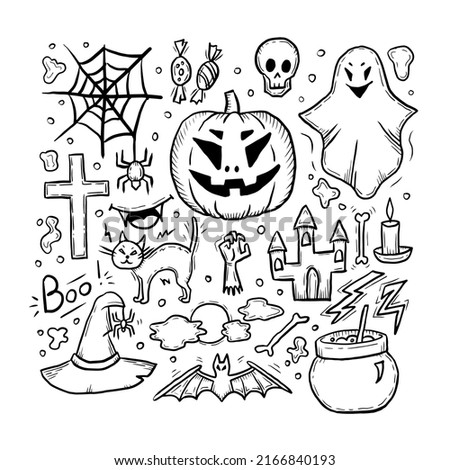 Halloween doodle set, square card. Cute hand drawn creepy vector illustration. Horror sketch. October 31 celebration elements design collection. Scary cartoon items, icons, clip art in trendy style.