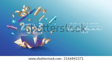 Happy new year 2023. New year celebration with fireworks rocket launch from open gift box and 3D number Royalty-Free Stock Photo #2166842371