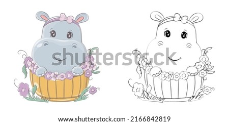 Hippopotamus Clipart for Coloring Page and Multicolored Illustration. Adorable Clip Art Hippo in a Basket of Flowers. Vector Illustration of an Animal for Coloring Pages, Stickers, Baby Shower. 