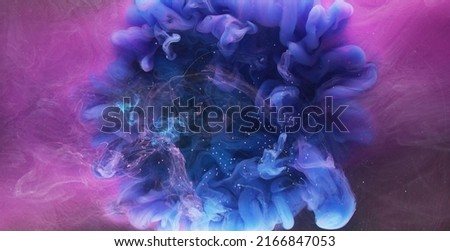 Ink water drop. Color mist flow. Logo reveal effect. Blue pink fume mix motion on purple abstract art background shot on Red Cinema camera 6k. Royalty-Free Stock Photo #2166847053