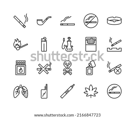 Smoking cigar flat line icons set. Cigar, tobacco, vape tank and cigarettes. Simple flat vector illustration for web site or mobile app.