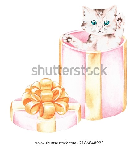 A kitten in a gift box. Watercolor illustration. Isolated on a white background. For your design greeting cards, promotions, baby products, veterinary clinic advertisements, stickers, pet products.