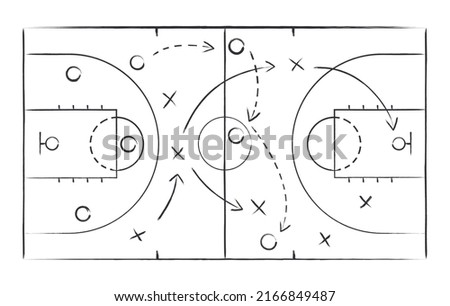 Basketball strategy field, game tactic chalkboard template. Hand drawn basketball game scheme, learning board, sport plan vector illustration. Royalty-Free Stock Photo #2166849487