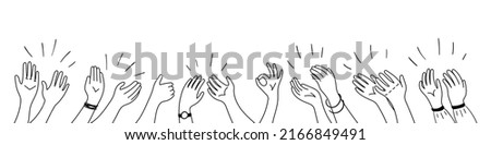 Applause hands set on doodle style. Human hands sketch, scribble arms wave clapping on white background, thumb up gesture silhouette, vector illustration. Royalty-Free Stock Photo #2166849491