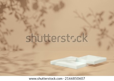 Abstract minimal nature scene - empty stage and square podium on beige background and soft shadows of rose flowers and leaves. Pedestal for cosmetic product and packaging mockups display presentation
