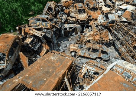 War in Ukraine: a dump of shot and burned cars in Irpin, Bucha district