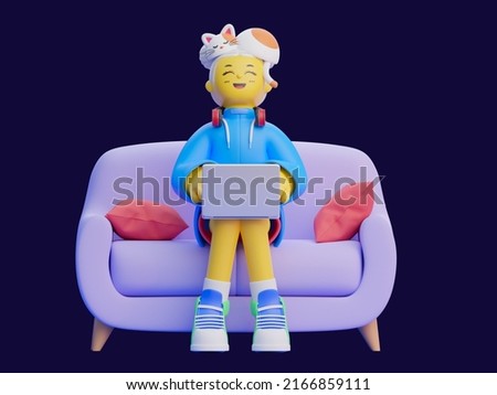 Lisa sits  playing laptop on a sofa