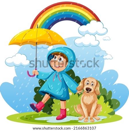 Rainny day with a girl in raincoat and a dog illustration