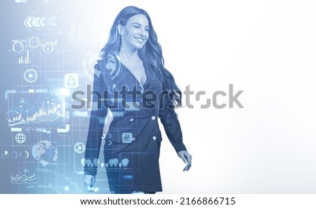 Businesswoman smiling and walking, forex hologram with diagrams, stock market hud with numbers and candlesticks. Concept of finance and consulting. Copy space