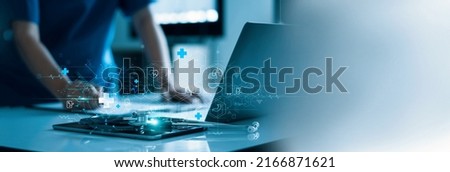 Medicine doctor writing electronic medical record of patient on laptop . AI. Digital healthcare and network connection on hologram virtual  interface, Medical technology and social network. Royalty-Free Stock Photo #2166871621