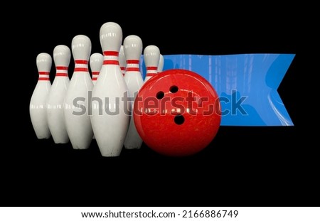 Bowling background with a bowling ball and skittles and a blue sign. 3d render