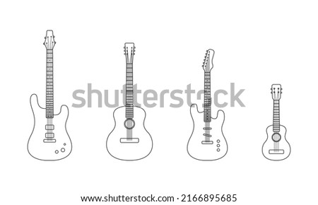 Set of outline guitars. Acoustic, electric, bass guitar and ukulele isolated on white background. Vector illustration