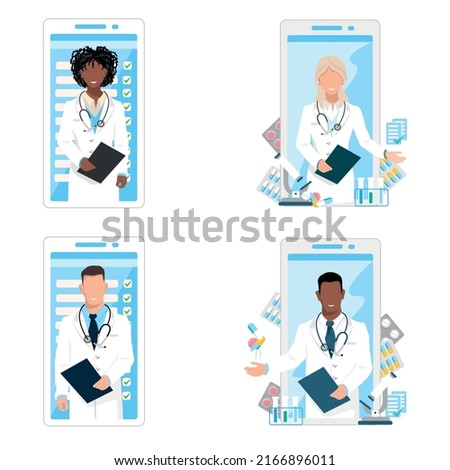 Set of friendly doctor consults a patient via online video call on the phone. Vector illustration on a modern minimalistic style. Online medicine.