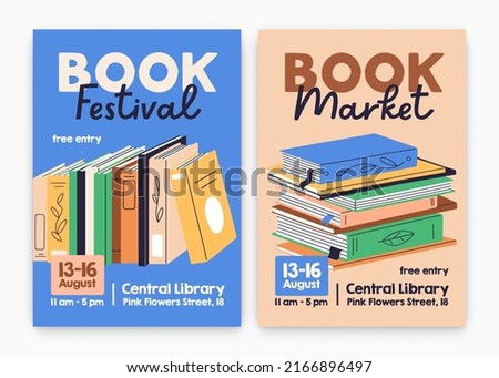 Book festival, fair ad poster designs. Promo flyer background templates with abstract literature for reading and education event in library, sale in store, bookshop. Colored flat vector illustrations