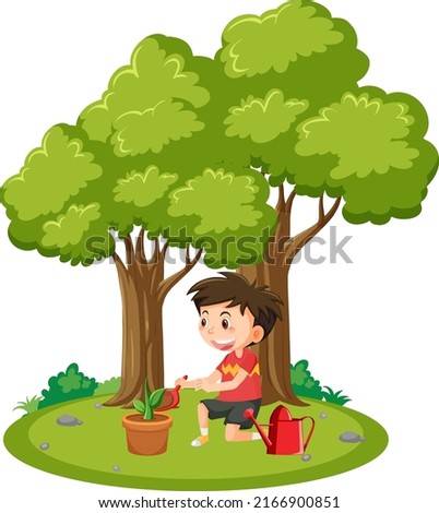 A boy planting in clay pot illustration
