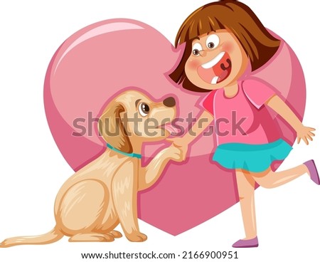 A girl playing with her dog on heart background illustration