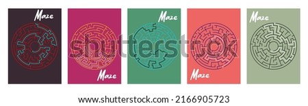 Maze games with solution 5 levels. circular style colorful.