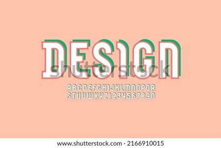 Design font, condensed alphabet sans serif with shadow, colored letters and numbers, vector illustration 10EPS