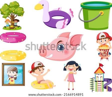 Set of different cute kids and objects illustration