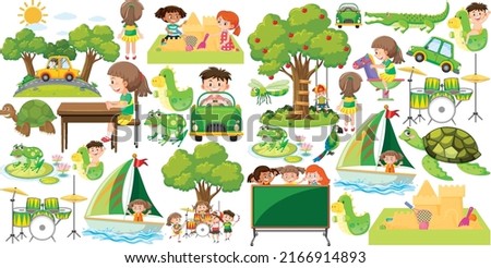 Set of different objects in green illustration