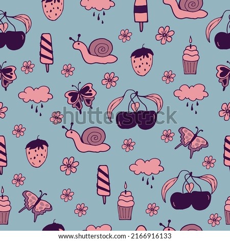 seamless pattern with summer icon. cupcake, cherry, strawberry, snail, butterfly, ice cream, flower, cloud and rain illustration on blue background. hand drawn vector. wallpaper, wrapping paper,fabric