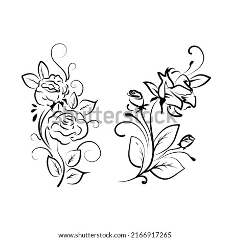 Editable set of line art vector roses clipart on the white background. EPS10.