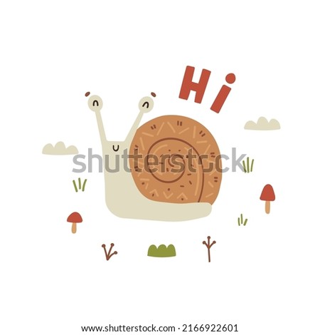 hand drawn funny cute character snail says hi isolated on white background scandinavian style
