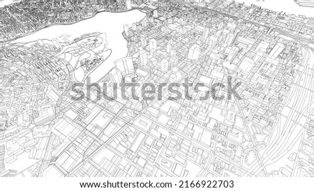 Cityscape Sketch. Vector rendering of 3d. Wire-frame style. Urban Architecture Concept
