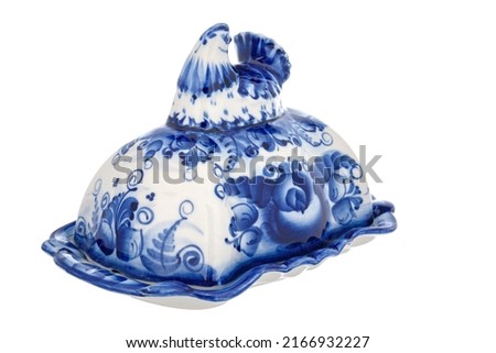 Vase Oiler Dishes Figurine Sculpture Porcelain Ceramic Isolated on white background. Cobalt Blue color is traditional folk painting. Decor for interior of premises.