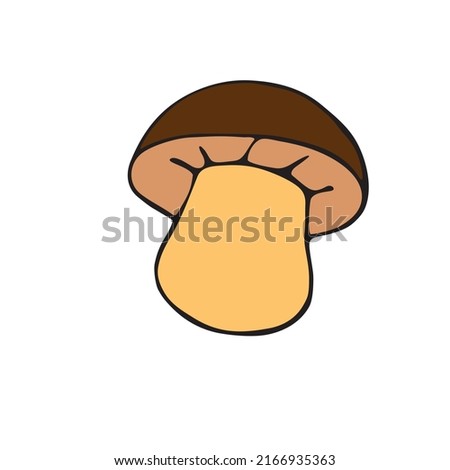 Vector color mushroom in doodle flat style. Hand drawn outline illustration, clip art, design element isolated on white background. Theme of nature, forest, thanksgiving