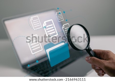 Electronic online doc. Man with magnifying glass. Data analytics, annual report, result checking. Business documents scanning.