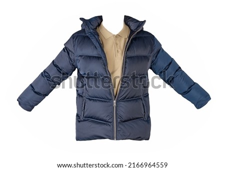 dark blue men's down jacket and  biege  shirt isolated on white background. fashionable casual wear