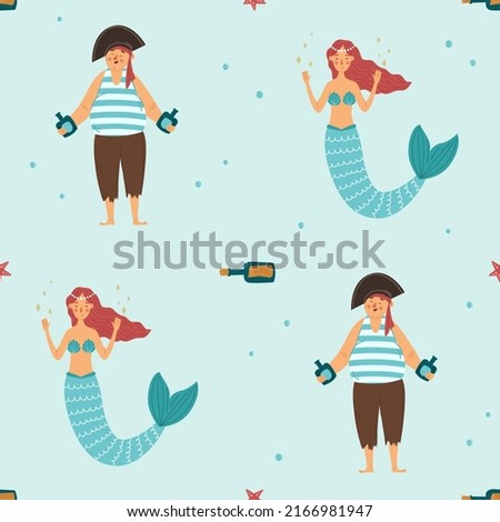 Seamless pattern with cute mermaid and pirate. Vector illustration. A bottle of rum and a secret message in a bottle. Pirate collection. Graphic print for fabrics, gift paper, cards and baby items
