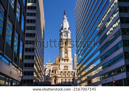 Scene of Philadelphia city hall, Masonic Temple and Arch Street United Methodist Church, Architecture and building with tourist concept