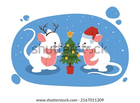 Mouse decorates Christmas tree. White mammals preparing for winter holidays. New Years and Christmas. Characters with garland under snowfall, tradition and religion. Cartoon flat vector illustration
