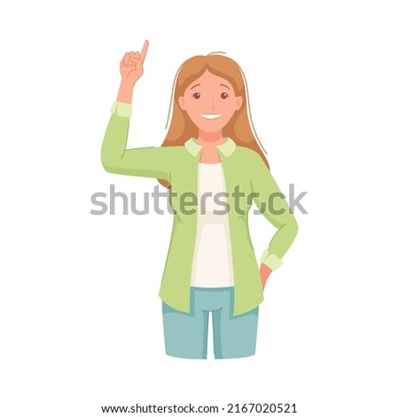 Woman Character Indicating Something Pointing with Index Finger as Hand Gesture Specifying Direction Vector Illustration