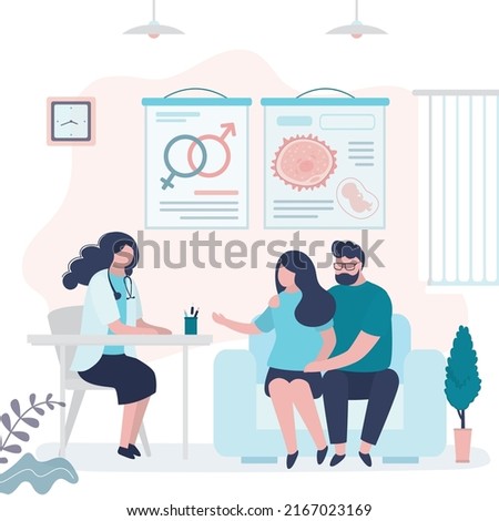 Couple came for consultation with embryologist. Infertility treatment in clinic. Specialist assigns woman tests for artificial insemination. Doctor advises family about IVF. Flat vector illustration Royalty-Free Stock Photo #2167023169