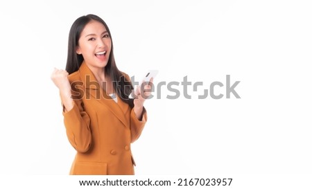 Beautiful Asian woman cute girl playing a smart phone isolated on white background - mobile phone uses a online banking for pay online shopping