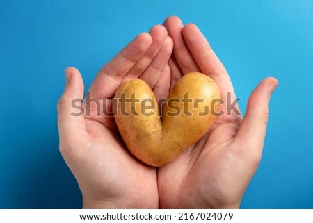 Man holds heart shaped ugly potato on blue background. Ugly vegetables Royalty-Free Stock Photo #2167024079