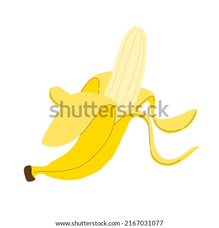 Fresh banana fruit in peel. Sweet vitamin food clip-art. Natural tropical dessert. Whole exotic ripe banan in skin. Colored flat vector illustration isolated on white
