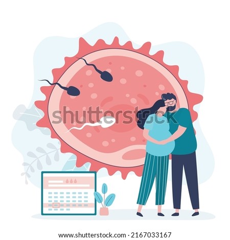 Couple rejoices in successful artificial insemination procedure. Woman got pregnant thanks to IVF. Happy future parents. Fertilization of ovum by spermatozoa in test tube. Flat vector illustration