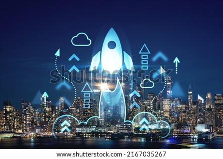 New York City skyline from New Jersey over the Hudson River with skyscrapers at night, Manhattan, Midtown, USA. Startup company, launch project to seek and develop scalable business model, hologram
