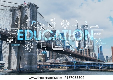 Brooklyn bridge with New York City Manhattan, financial downtown skyline panorama at day time over East River. Technologies and education concept. Academic research, top ranking university, hologram