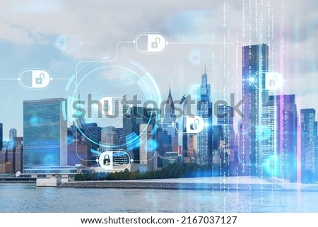New York City skyline, United Nation headquarters over the East River, Manhattan, Midtown at day time, NYC, USA. Decentralized economy. Blockchain, cryptography and cryptocurrency concept, hologram Royalty-Free Stock Photo #2167037127