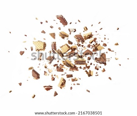 Wafers are explosive into pieces, with a chocolate splash isolated on a white background Royalty-Free Stock Photo #2167038501