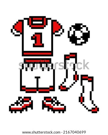 Pixel art soccer player costume (shirt, shorts), boots, socks, ball. Set of 8 bit football equipment icons isolated on white background. Old school retro 80's-90's slot machine, video game graphics.