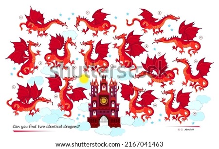 Logic puzzle game for children and adults. Can you find two identical dragons? Page for kids brain teaser book. Task for attentiveness. Sea life. IQ test. Play online. Vector cartoon illustration.