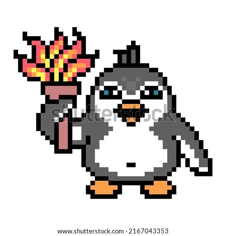Penguin with a burning torch, pixel art animal character on white background. Old school retro 80's-90's 8 bit slot machine, computer, video game graphics. Cartoon winner mascot. Caveman with fire.